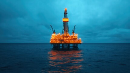 Obraz premium Bright Offshore Oil Rig at Twilight in Ocean