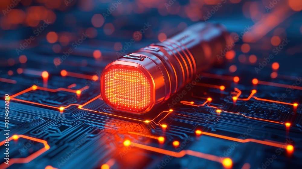 Poster futuristic flashlight on digital circuit background