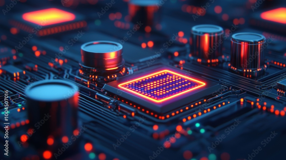 Poster futuristic microchip with led lights and circuit board