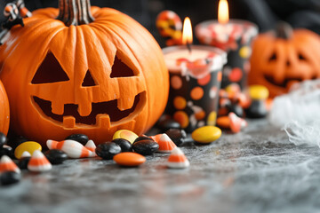 photo d'une citrouille d'halloween à coté de bonbons, décoration halloween