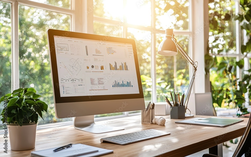 Poster a sunlit workspace filled with greenery, showcasing a modern monitor displaying colorful charts and 