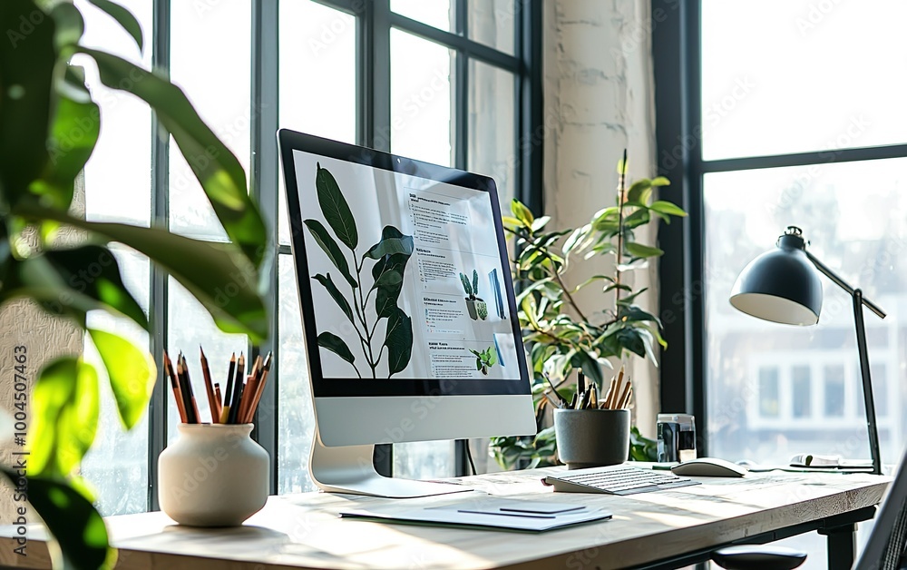 Poster bright and modern workspace filled with greenery, featuring a desktop computer illuminated by sunlig