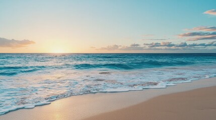 A serene beach scene at sunset, featuring gentle waves lapping against the shore under a sky painted with soft hues.