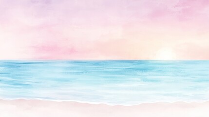 Obraz premium A serene watercolor seascape featuring gentle waves under a pastel sky, blending soft hues of pink and blue, evoking a peaceful, tranquil atmosphere.