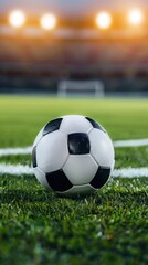 Fototapeta premium Soccer ball on field in illuminated stadium, ready for action. Sports promotions, event posters, or training materials.