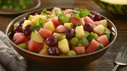 A refreshing bowl of mixed fruit salad with watermelon, pineapple, and grapes, served chilled.