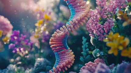 A colorful DNA double helix model surrounded by blooming flowers.