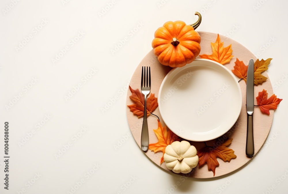Wall mural autumn table setting with empty plate and cutlery