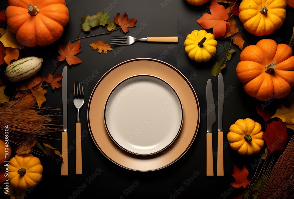 Wall mural autumn table setting with empty plates and pumpkins