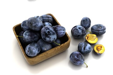 Fresh black plums fruit isolated on white background, black plums fruits on white With clipping path.

