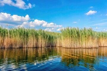 Fototapeta premium Serene lake with tall reeds under a bright blue sky.