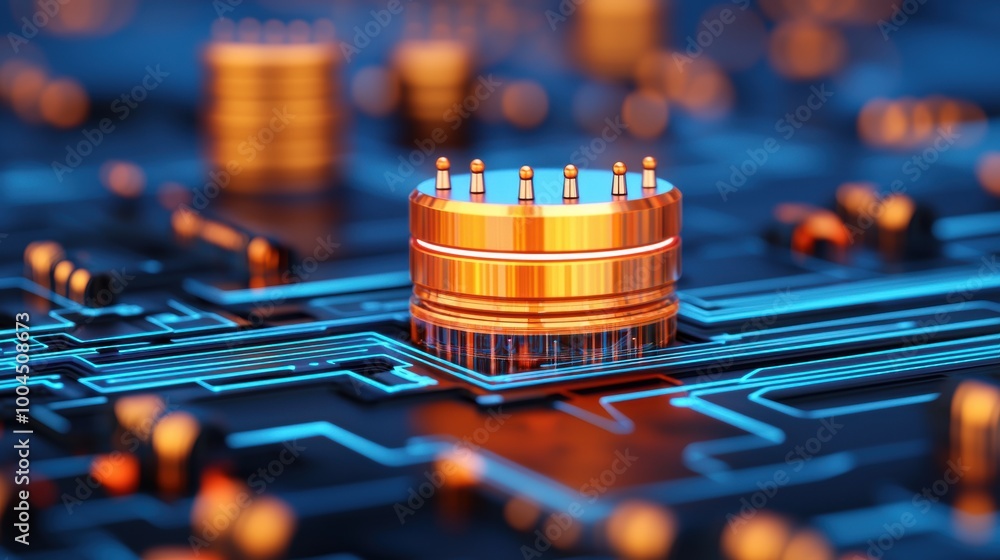 Poster bright microchip on circuit board with glowing elements