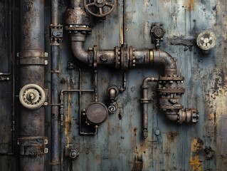 Aged weathered industrial metal backdrop featuring intricate piping valves and mechanical components captured with a cinematic flair and a muted color palette evocative of the Diesel Punk aesthetic