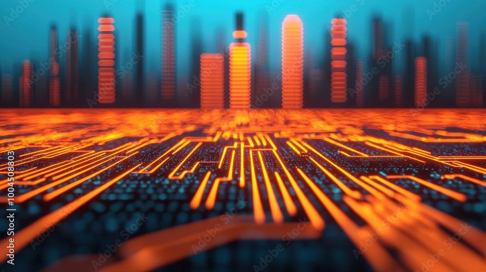 Poster futuristic cityscape with circuit patterns and neon glow