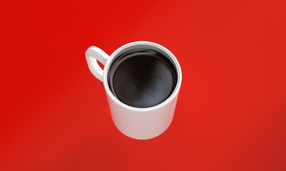 Fresh coffee in cup on red background, top view. Space for text. Cup of Cappucino