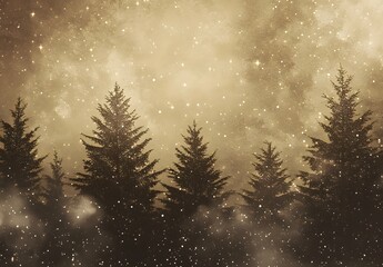Vintage Sepia Pine Trees & Starry Night