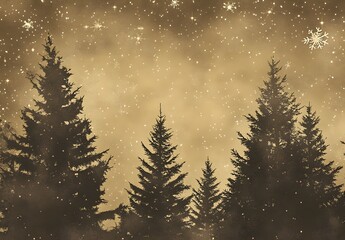 Vintage Pine Forest Night Sky With Stars