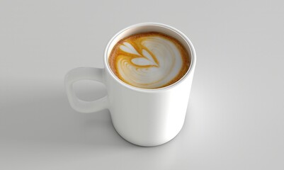 Fresh coffee in cup on white background, top view. Space for text. Cup of Cappucino