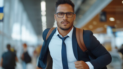 Fototapeta premium Businessman in suit running confidently rushing to a business meeting during rush hour in a bustling city.