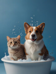 A cat and a dog wash in a basin