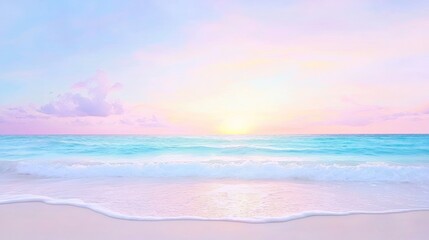 Obraz premium A serene beach scene at sunset, featuring soft waves, pastel skies, and a tranquil atmosphere.