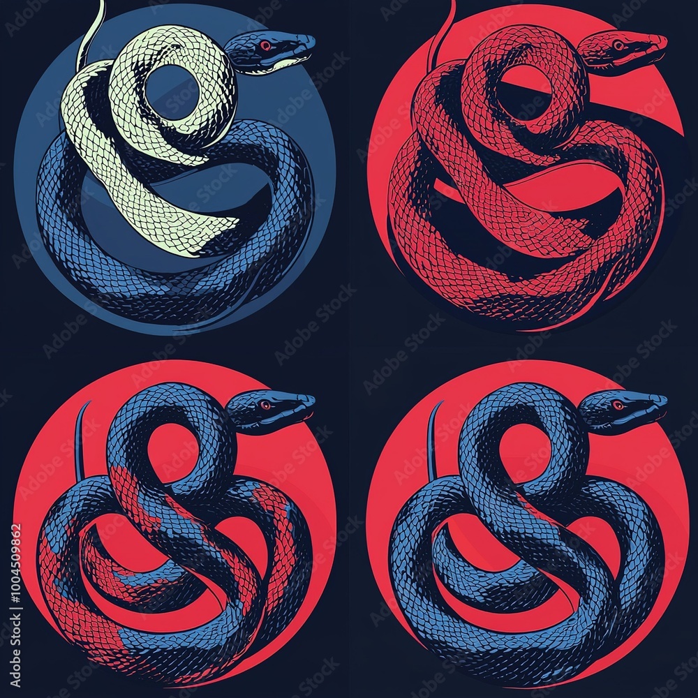 Poster artistic depiction of intertwining snakes in contrasting colors showcasing unique design elements an