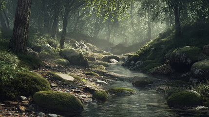  A quiet forest stream with rocks and moss-covered banks. 