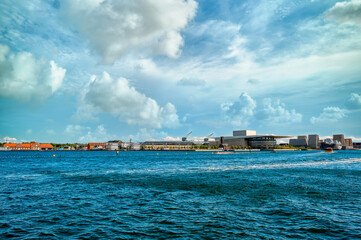 Naklejka premium Copenhagen, the capital of Denmark, is located on the offshore islands of Zealand and Amager. It is connected to Malmo in southern Sweden via the Öresund Bridge.