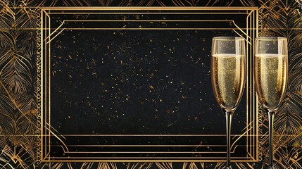 Vintage art deco style New Year card with an ornate golden frame enclosing a generous text area, geometric patterns and champagne glasses in the background