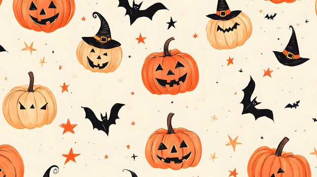 A playful Halloween pattern of pumpkins with tiny hats, cats leaping after floating stars, and bats trailing glowing light in pastel orange on a cream background