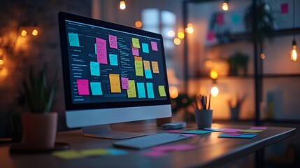 A desktop computer with a monitor covered in colorful sticky notes in an office at night.