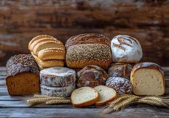 A delicious selection of freshly baked whole and sliced ​​breads and pastries are artfully displayed on a wooden surface, evoking the warm and cosy feeling of home baking.