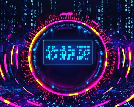 Futuristic digital countdown clock card with a blank screen in the center for messages, surrounded by neon lights and binary code patterns