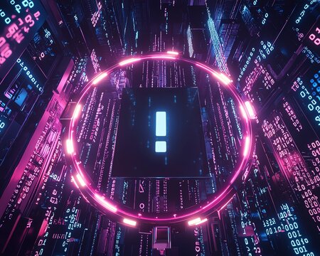Futuristic digital countdown clock card with a blank screen in the center for messages, surrounded by neon lights and binary code patterns