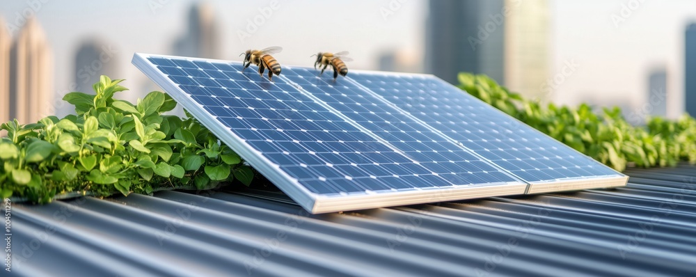 Wall mural urban rooftop garden filled with greenery, solar panels, and bees, a city's sustainable solution for