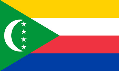 National Flag Union of the Comoros, Four horizontal stripes of yellow, white, red and blue,  with a green chevron based on the hoist side charged with a white crescent and four five-pointed stars