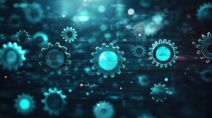 Obraz premium Abstract composition of floating gears, glowing holographic effect, dark futuristic background, metallic textures, digital art