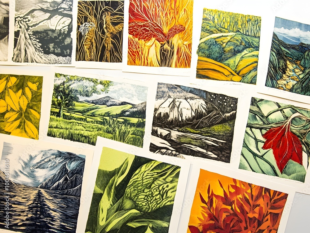 Wall mural imaginative array of backgrounds exploring various printmaking techniques including linocut etching 