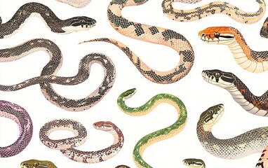 A colorful collection of various snake species illustrated in intricate detail against a clean white background showcasing their unique patterns