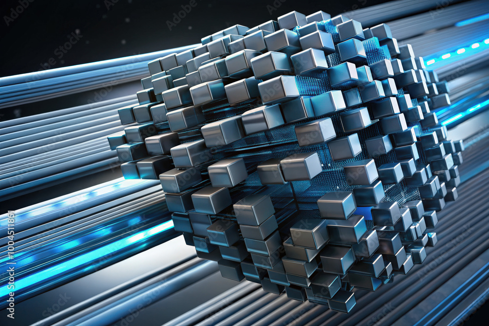 Aufkleber futuristic digital structure floats amidst glowing blue light beams in an abstract representation of