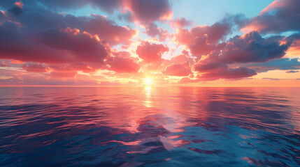 Fototapeta premium Stunning Sunset Over Calm Ocean With Vibrant Colors and Dramatic Clouds