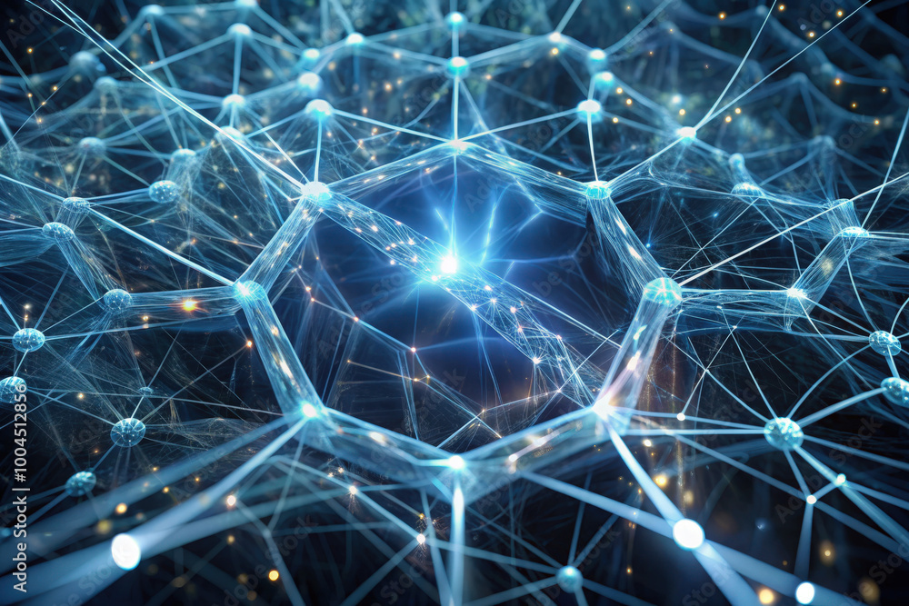 Poster a mesmerizing view of interconnected nodes and glowing pathways, embodying the essence of modern tec