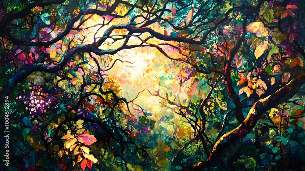 Poster enchanting forest landscape featuring a vibrant array of flora and fauna with intertwining branches 