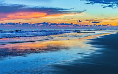 Obraz premium Vibrant sunset paints the sky and sea in stunning hues along the tranquil shoreline at dusk