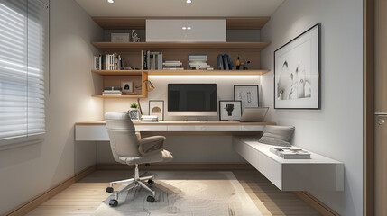 A minimalist home office with floating shelves and a clean desk setup, offering sleek and efficient storage.
