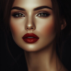 This glamorous close-up captures a woman's face, featuring luxurious red velvet lips and smooth skin, highlighting allure, beauty, and modern sophistication.
