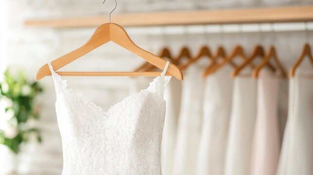 Elegant white wedding dress on wooden hanger for bridal display. Wedding planning and bridal shop advertisements.