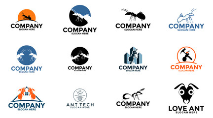 Big set of ant Insect logo. Creative work characters. Workers company. Black silhouette logotype. building corporate