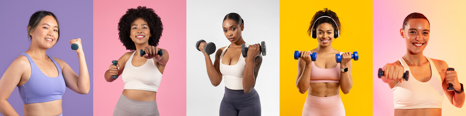 A group of diverse women engages in weight training, showcasing strength and confidence in a brightly colored studio. Each woman holds dumbbells, promoting fitness and well-being.