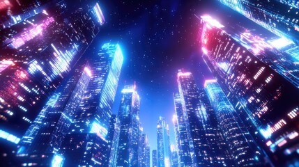 Obraz premium Vibrant Futuristic Cityscape at Night with Bright Lights